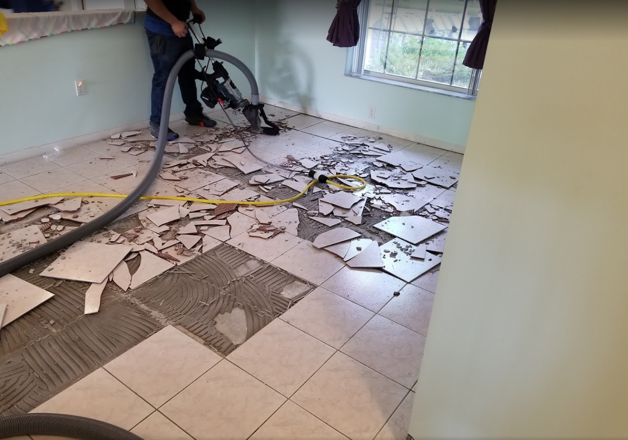 remove tile floor using dustram